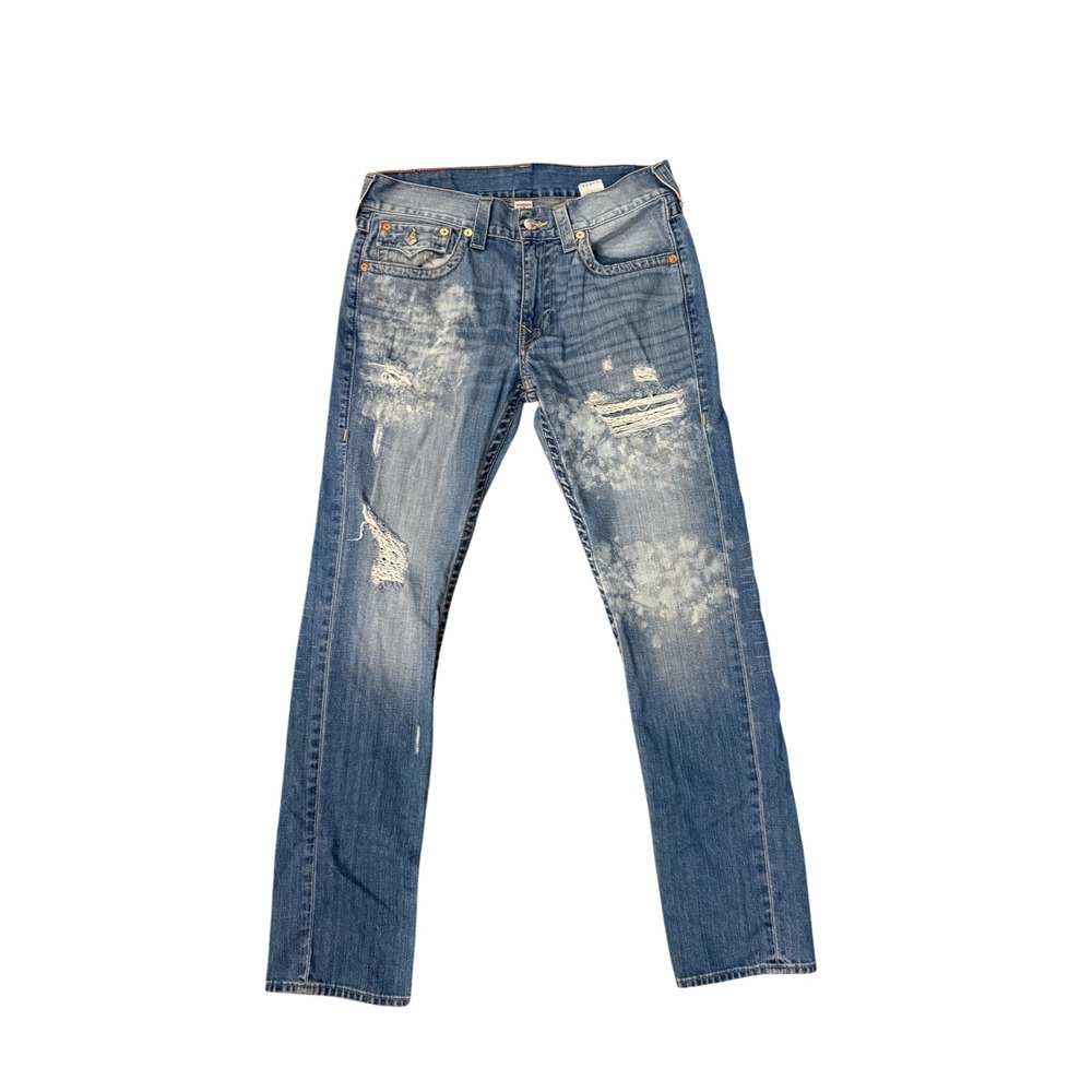 True Religion Skinny Flap Jeans Mens 33 Blue Distressed Bleached Splatter